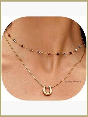 Boho Layered Beaded Choker & Horseshoe Pendant Necklace Set Stainless Steel